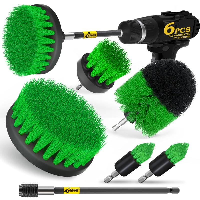Holikme 6Pack Drill Brush Power Scrubber Cleaning Brush Extended Long Attachment Set All Purpose Drill Scrub Brushes Kit for Grout  Floor  Tub  Shower  Tile  Bathroom Scrub Brush Green - Image 1